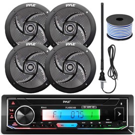 Pyle 16-25' Bay Boat Single DIN Bluetooth Marine Stereo Receiver Bundle Combo with 4X 5.25'' 180 Watt Black Waterproof Boat Speakers, 18 Gauge 50 Feet Speaker Wire, Black Rubber Mast Radio Antenna