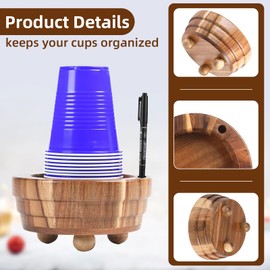 SACXFMC Acacia Wood Cup Holder with Marker Slot - Rustic Paper Cup Storage Organizer for Party, Bar, Kitchen & Bathroom