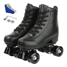 Womens Roller Skates Light Up Wheels, Artificial Leather Adjustable Double Row 4 Wheels Black Roller Skates Shiny Roller Skates Outdoor (Black Wheel,41)