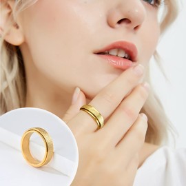 MOROYA 5PCS 18K Gold Plated Fidget Rings for Anxiety Stainless Steel Butterfly Chain CZ Inlaid Spinner Rings for Women Men Anti Anxiety Ring Band Set