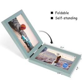 Tamolus 4x6 Double Horizontal Hinged Picture Frame Folding Photo Frame in Teal Blue Pine Wood with Real Glass for Tabletop P-LAN-2H46
