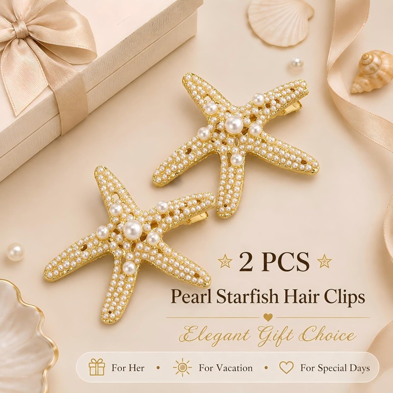 2 Pcs Starfish Pearl Hair Clip Summer Beach Gold Hair