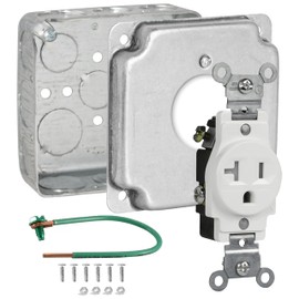 Outlet Box Kit, Includes 4x4'' Drawn Metal Electrical Box, 2 Tamper Resistant 20 Amp Duplex Receptacle Outlets, Duplex Receptacle 4x4'' Cover, Sixteen Knockouts (Single Receptacle Kit)