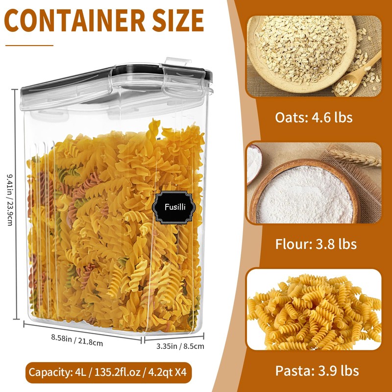 Cereal Containers Storage Set (4L / 135.2oz), 4PCS Airtight Food