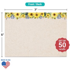 321Done Sunflower Index Cards - 5x7 Cardstock, Kraft (Set of 50) - Blank, No Lines - For Studying, Learning, Flashcards, Notes, Messages, Notecards, Greeting Card Making - Pretty Floral - Made in USA