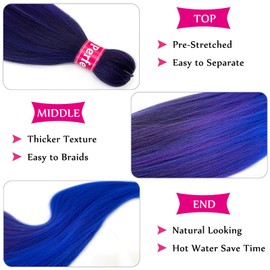 Ombre Braiding Hair Pre Stretched Kanekalon Knotless Prestretched Braiding Hair 26 inch Black Blue Purple Pre Stretched Braiding Hair Ombre Micro Braids Itch Free Yaki Braiding Hair Ombre