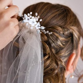 ALUINN Crystal Bride Wedding Hair Comb Pearl Hair Piece Flower Bridal Hair Accessories for Brides Bridesmaids Women Silver