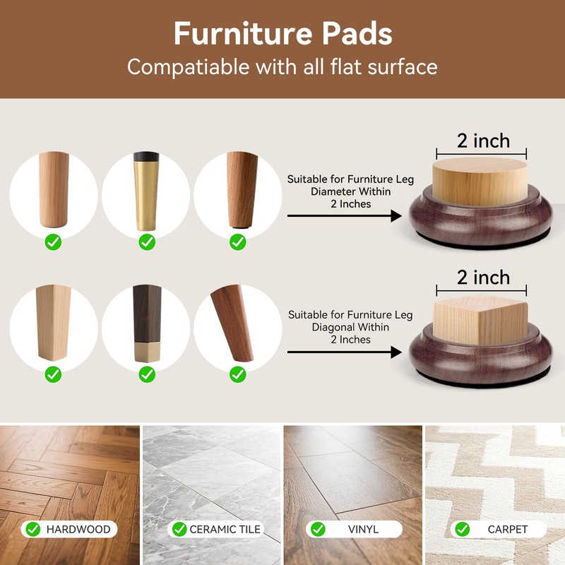 Premium Solid Wood Furniture Pads 4-Pack, Shock-Absorbing, Scratch-Proof Floor Protectors