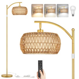 ROTTOGOON Boho Floor Lamp with Dimmable Bulb, Rattan &Linen Double Shades, Boho Standing Tall Lamps with Foot Switch, Gold Bohemian Floor Lamps for Living Room, Bedroom, Office
