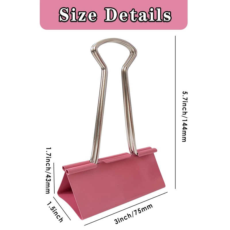 18PCS Jumbo Binder Clips 3 Inch, Pink, Binder Clips Extra