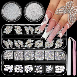 VOTACOS Rhinestones for Nails, Flatback Multi Shape Gems 3D Flowers Nail Charms Mixed Nail Glitter Powder Supplies Moonlight Crystal Jewelry Accessories for Women Manicure Decorations Design