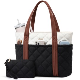 LOVEVOOK Puffer Tote Bag for Women, Quilted 15.6" Work Tote with Zipper, Large Travel Essentials Handbag, Puffy Purse for Teacher, Nurse, Gym, Hospital, Overnight, Carry On Shoulder Bag, Gifts