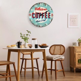 XFM Blue Coffee Wall Clock 12 Inch Vintage Style Kitchen Woodern Clocks Silent Non-Ticking Battery Operated Retro Round Clocks for Cafes Bar Farmhouse Office