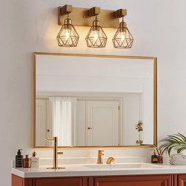 Gold Bathroom Vanity Light Fixtures, 3-Light Gold Bathroom Light Fixtures Over Mirror, Sconces Wall Lighting with Elegant Metal Lampshade for Living Room, Bedroom, Hallway
