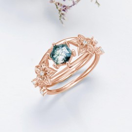 Plesitep 1Ct Natural Moss Agate Ring 18K Gold Plated Sterling Silver Hexagon-Cut Moss Agate Ring Green Moss Agate Engagement Rings Wedding Anniversary Day for Women, 10, Sterling Silver, Agate