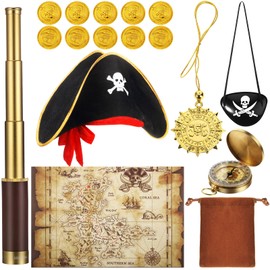 17 Piece Set Pirate Monocular Telescope Treasure Map Pirate Hat Eye Patch Pocket Compass Pirate Necklace Plastic Coins with Velvet Bag for Pirate Party Supplies