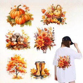 Jemattely 6 Sheets Fall Iron on Transfers Thanksgiving Day DTF Transfers Ready to Press Autumn Maple Leaves Pumpkin Patches for T-Shirts Canvas Bag Pillow Hoodie DIY Crafts