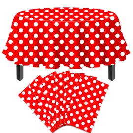 Pack of 6 Disposable Wave Dot Tablecloth, White Dots on Red Background, Round Tablecloth, Waterproof Party Wave Point Tablecloth for Children, Picnic, Girls, Birthday Decorations, 213 x 213 cm