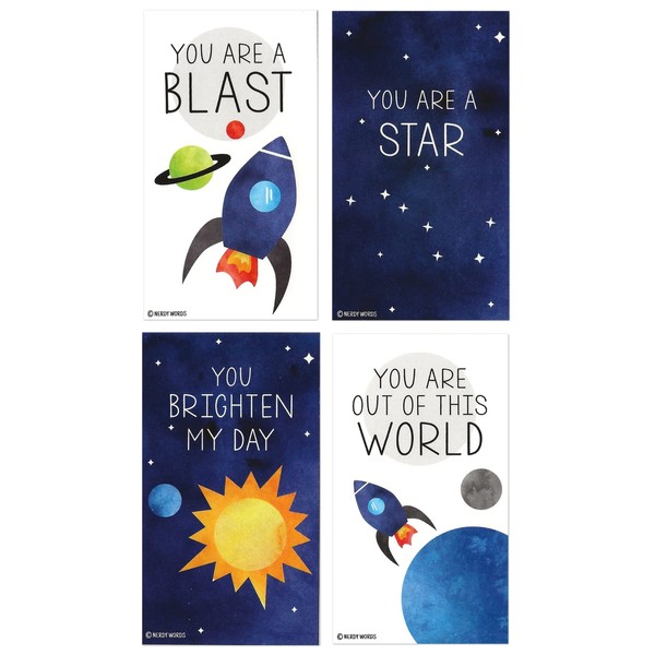 Mini Outer Space Stars, Ship and Planets Funny Valentines (Wallet-Sized Valentines with Tiny Envelopes) Rocket Ship Cards for Valentine's Day by Nerdy Words (Set of 32)