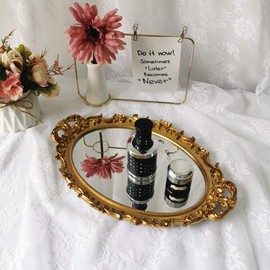 Ham Hamphinee Oval Floral Wall Mirror Tray, Dresser Organizer Tray, Decorative Perfume Mirror Tray, Serving Tray, 9.5’’ X 14.5’’, Gold