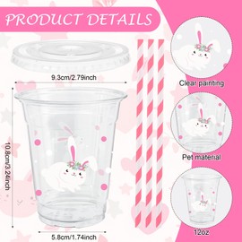ABURRORI 50 Sets 12OZ Easter Bunny Plastic cups with Lids and Straws, Bunny Party Decorations Disposable Rabbit Print Clear Plastic Cups For Bunny Birthday Party Juice Soda Beverage Supplies Favors