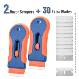 Bates- Razor Blade Scraper Tool, 2 Pack, 30 Extra Steel Blades, Anti-Slip Ergonomic Handle Design, Razor Scraper Set for Cleaning Window, Paint, Oven, Glass, Stove