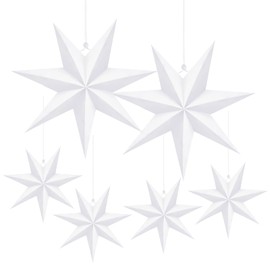 LANMOK 6pcs 7 Pointed White Paper Stars - 4pcs 30cm DIY 3D Hanging Paper Stars & 2pcs 45cm Folded Paper Star Lanterns for New Years Eve Birthday Wedding Winter Evening Party Decoration