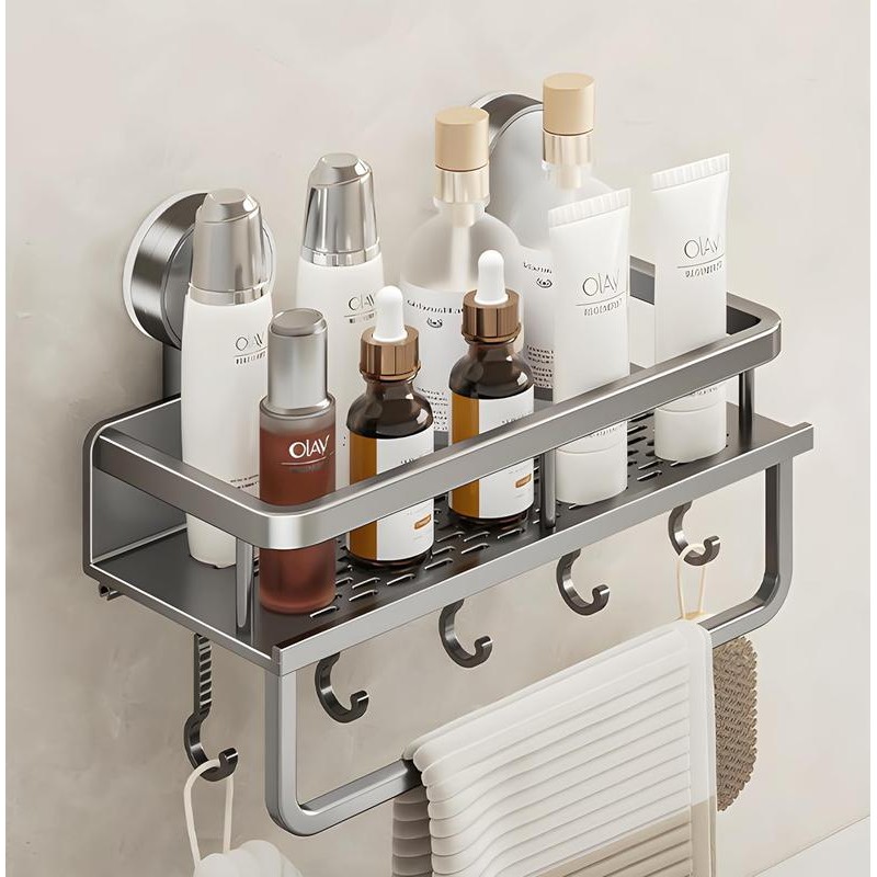 Aluminum Bathroom Suction Cup Storage Rack Wall-Mounted No-Drill Towel Rack