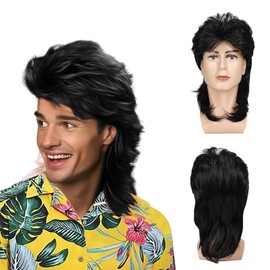 UILYNIU Black Mullet Mens 70s 80s Wig, Men's Rocker Wig, Mens Hippie Wig for Adult, Pop Rock Wigs for Men, Long Wig Curly Wigs Costumes Carnival Halloween Costume Wigs Fancy Dress Party Wigs (Black)