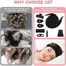 Rizadores de Cabello Sin Calor, 9 Pcs, Kit de Ondas Naturales para Dormir, Diadema Extra Larga 71" con Pinzas y Coletero, Terciopelo Suave Sin Daños, Ideal para Cabello Largo y Regalos (Negro, Talla única)