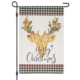 Vigor Home Merry Christmas Reindeer Garden Flag Double Sided 12×18 Inch, Deer Stag Buffalo Plaid Check Christmas Decorations Outdoor, Winter Rustic Yard Porch Lawn Farmhouse Decor for Holiday