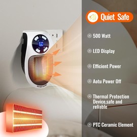 Mini Plug in Heater, Portable Wall Space Heater with Remote, Small Wall Outlet Heating with Adjustable Thermostat and 12H Timer, LED Display for Home Office Bathroom Indoor Use