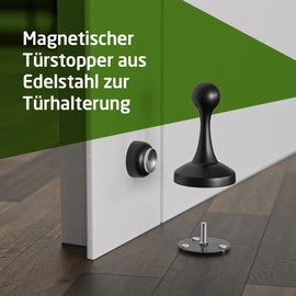 Amig - Magnetic Door Stop with Holding Function | For Floor or Wall | Strong Magnet | Easy Installation Included | Includes Mounting Material | Stainless Steel | Black | Diameter 55 x 85 mm