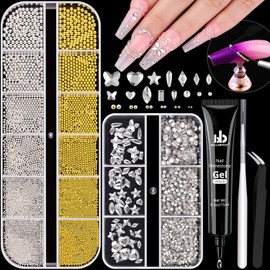 Flatback Rhinestones (Clear) and Metal Steel Round Caviar Beads (Silver+Gold) with Rhinestones Glue Gel for Nail Art, Multi Shapes Crystals Nail Charms and Caviar Beads Kits for Manicure Decor