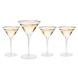 Gold Rim Martini Glasses - Set of 4-10 oz, 24K Gilded Classic Vintage Glasses For Martinis, Cocktails, Champagne, Water & Wine - Hand Blown Classic Coupes Gilded Rimed, Crystal Coupe with Long Stems