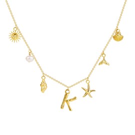 SLOONG Beach Accessories - 14K Gold Plated Letter Neckalce Freshwater Pearl Necklace Choker Boho Summer Seashell Beach Starfish Surfer Jewelry Gifts for Women