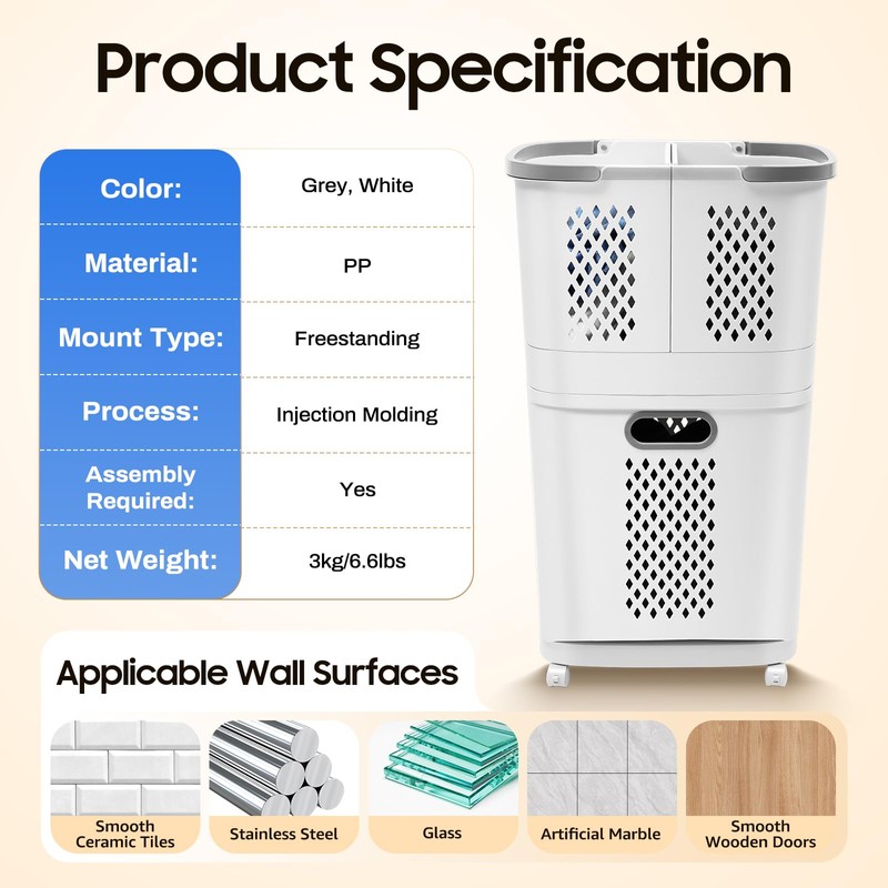 2 Tier Laundry Basket with Wheels & Handle, White Laundry
