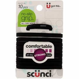 Scunci All Day Hold No-Slip Grip Black Elastics, 10 Count (Pack of 2)