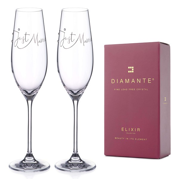 DIAMANTE Swarovski “Just Married” Champagne Flutes – Wedding Gift Crystal Embellished with Swarovski Crystals – Gift Boxed Pair