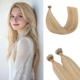 Rich Choices Nano Hair Extensions Real Human Hair Ash Blonde mix Bleach Blonde 14 Inch 50 Strand/Pack Straight Remy Human Hair Extensions with Nano Beads Ring