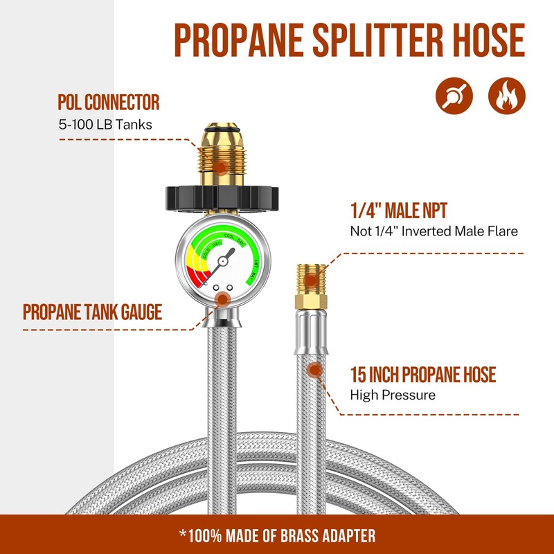 6ft Propane Hose Extension with Gauge, POL x 1/4" Male