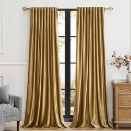 PRIMROSE Golden Velvet Curtains 96 inch Long for Living Room,Set of 2 Panels Blackout Rod Pocket Back Tab Window Treatment Room Darkening Heavy Decorative Curtains Drapes for Bedroom