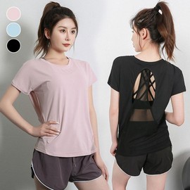 Feminine Cooling Short-Sleeve Yoga Top with Comfortable Two-Hole Back Pink/M5566