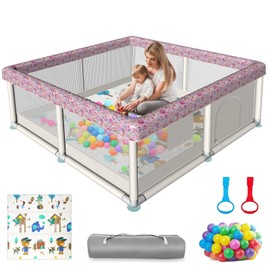 Baby Playpen, Playpen with Mat for Babies and Toddlers, 50x50 inch Baby Play Pen Playard for Indoor & Outdoor (All-Wrapped Sponge Cartoon Print)