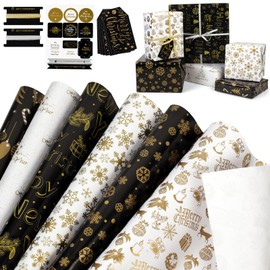 Christmas Wrapping Paper 70 x 50 cm, 6 Sheets Gold and Black Christmas Paper Set, Christmas Wrapping Paper with Stickers, Pendant and Bow for Gift Wrapping, Snowflake Pattern