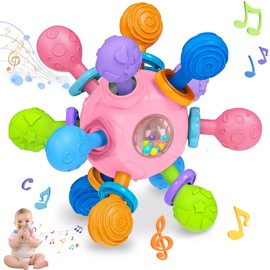 Sonajero Masticar Juguetes, STARFLY Juguetes Sensorial Goma de Dentición, Juguete Educativo Temprano Montessori, Alivia Las Molestias de la Dentición, Sonajero para Bebé de 3 a 18 Meses Rosa
