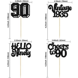 Gyufise 24Pcs Happy 90th Birthday Cupcake Toppers Star 90 Hello Ninety Vintage 1935 Cupcake Picks Cheers to 90 Birthday Decorations for 90th Birthday Anniversary Party Decorations Supplies Black