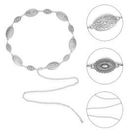 GorhDonhl Women Western-Concho-Belt Vintage Boho Chain Belt Cowgirl-Metal-Belts for Dress Jeans (Engraved - Silver, Length 51.1" (29.5"+extended chain 21.6"))