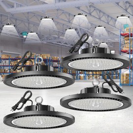 Gugsey Led High Bay Lights 200W - 28000lm 5000K Super Bright Waterproof Led Shop Lights with Plug 5' Cable and Hook Ring, Garage Light for Factory Gym Warehouse Workshop（4 Pack）