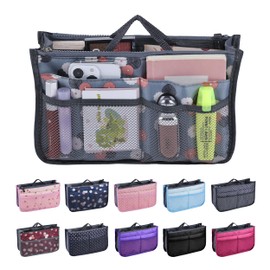 JJ PRIME - Multi Compartment Bag Handbag Insert | Expandable Handbag Organiser Insert | Floral Tote Bag Organiser Insert | Tote Bag Divider Organiser with 13 Pockets (Floral, Blue-Grayish)